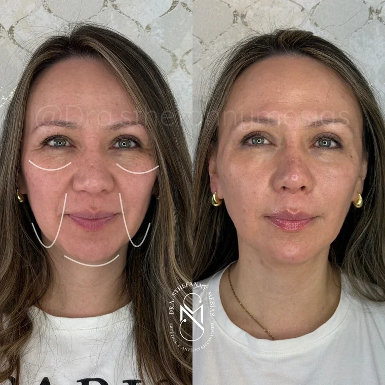 Before and after facial harmonization performed by Dr. Sthefanny Mesías in Cali, Colombia — case 1