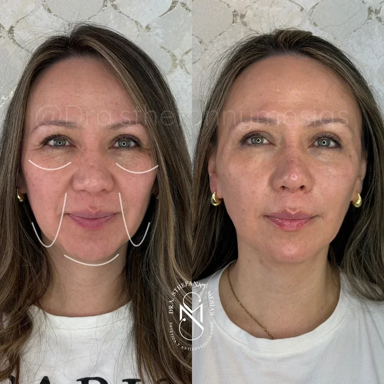 Resultado antes y después de un diseño de labios con ácido hialurónico realizado en Cali por la Dra. Sthefanny Mesías, caso 2